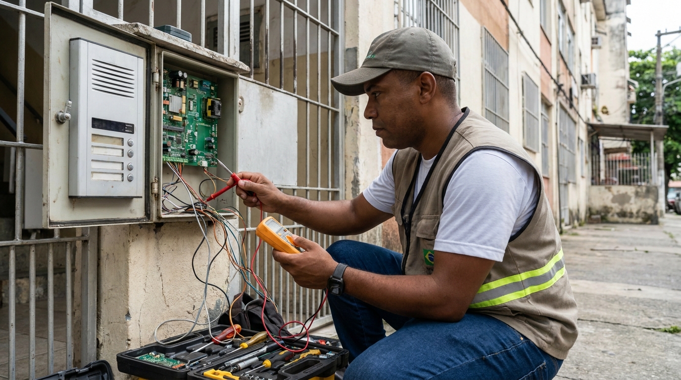 Eletricista consertando interfone em Feira de Santana‑BA