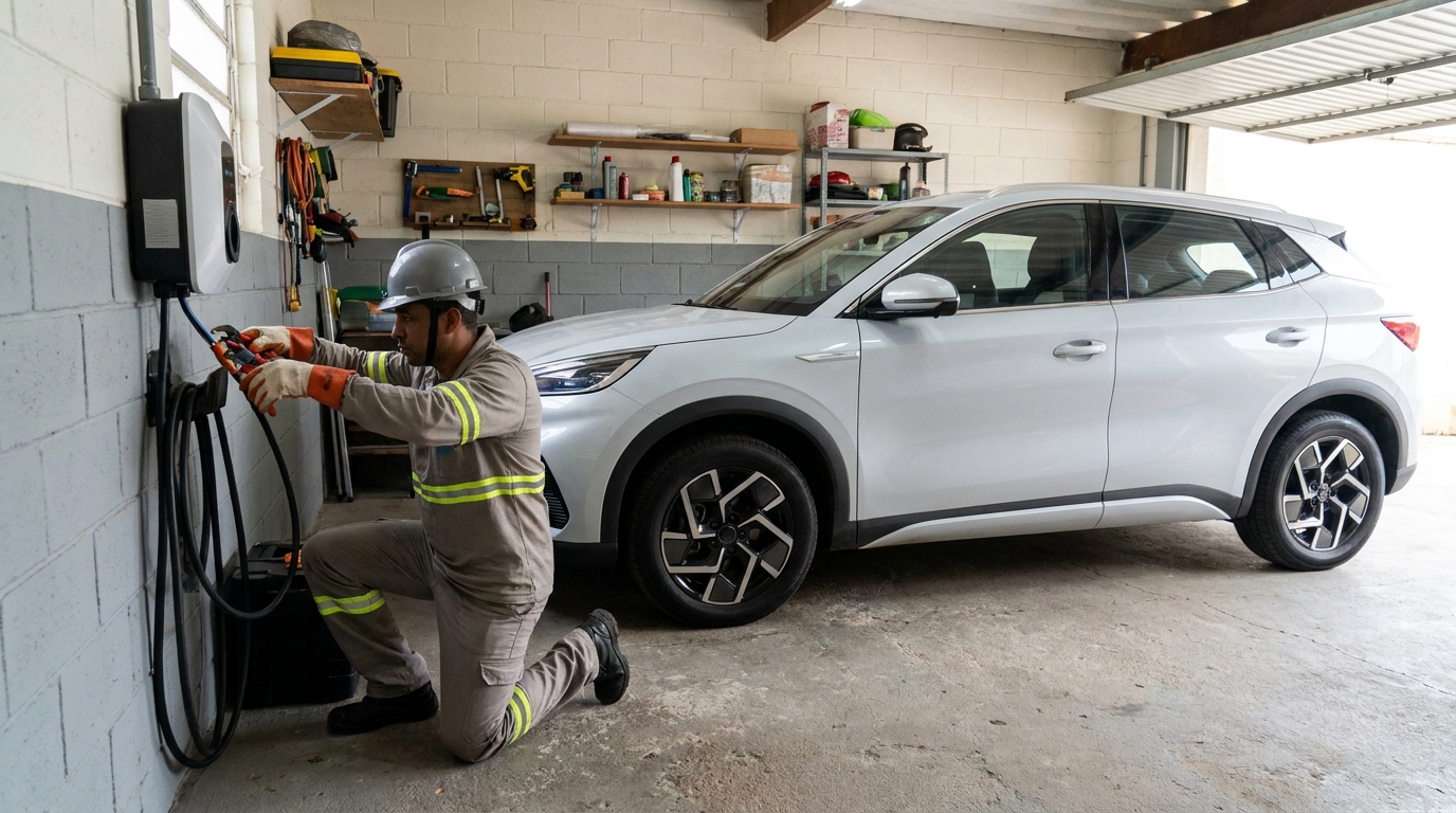 Eletricista instalando carregador de carro eletrico em Feira de Santana‑BA