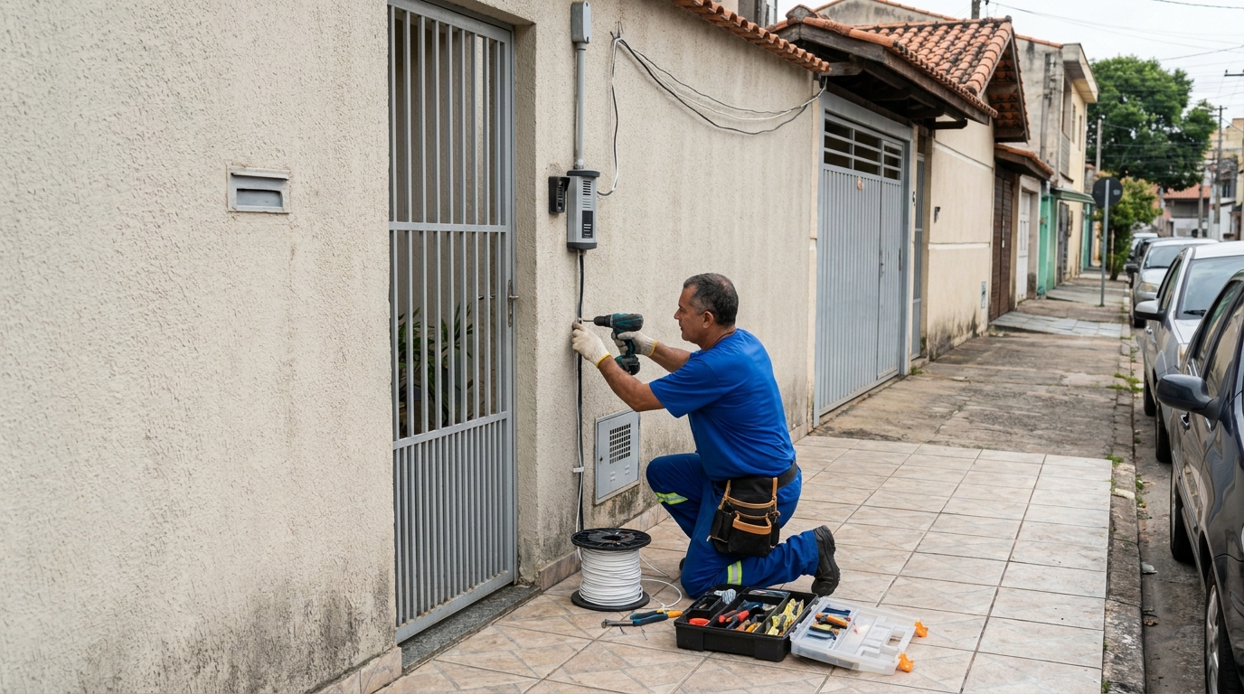 Eletricista instalando interfone em Feira de Santana‑BA