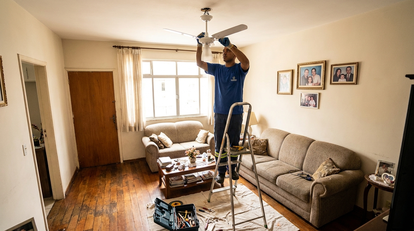 Eletricista instalando ventilador de teto em Feira de Santana‑BA